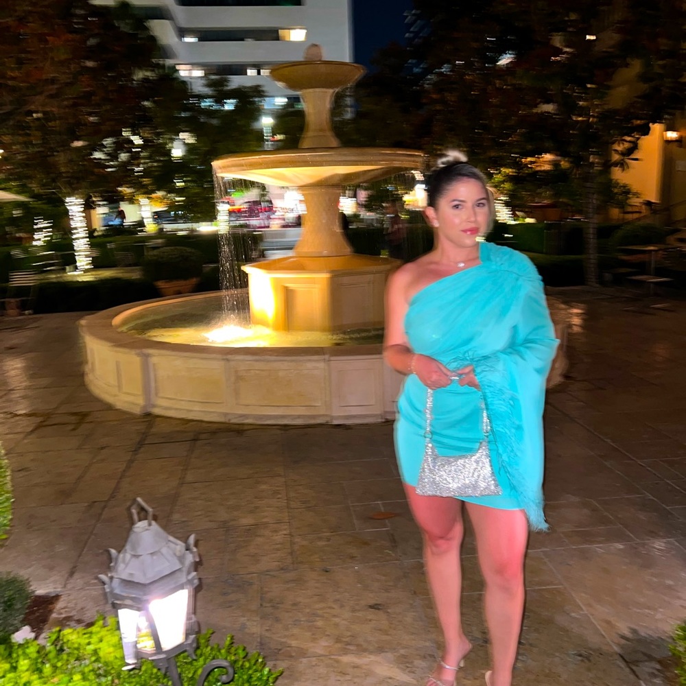 One shoulder turquoise feather dress